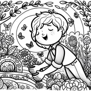 Whimsical Coloring Illustration of Gender-Diverse Child Gardening
