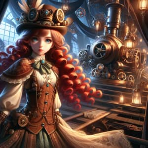 Steampunk-Inspired Girl with Flowing Red Curls and Intricate Steam-Powered Machine