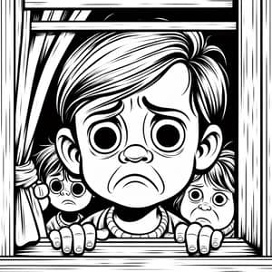 Cartoon Coloring Page of Sad Child Looking Out Window