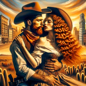 Passionate Cowboy Embracing Beauty in Dreamlike Cityscape