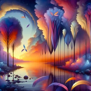 Dreamlike Sunset Scene at Serene Lake | Surrealistic Style Inspiration