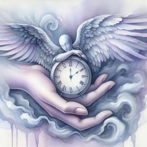 Dreamy Watercolor Painting of Hand Cradling Winged Clock
