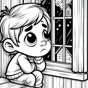 Sad Child Looking Out Window Cartoon Coloring Page