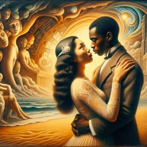 Diverse Couple Embrace on Surrealistic Beach | Romantic Oil Painting