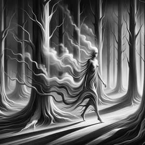 Ethereal Figure in Shadow-Ridden Forest - Surrealist Art
