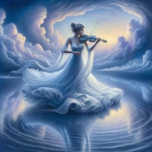 Magical South Asian Woman Playing Violin at Twilight Lake