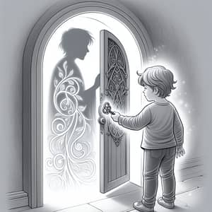 Young Child Opening Ethereal Door with Magical Key
