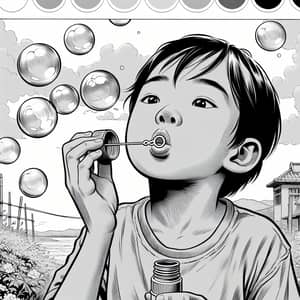 Young Asian Boy Blowing Soap Bubbles | Classic Comics Style