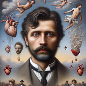 Surreal Symbolist Painting: Man Embodying Family Roles in Dreamlike Setting