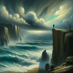 Surreal Reflection on Cliff Edge Facing Tumultuous Ocean