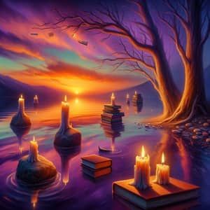 Surreal Sunset Scene at Tranquil Lake with Floating Candles and Book Stacks