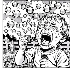 Distraught Child Blowing Bubbles - Comic Strip Style Coloring Page
