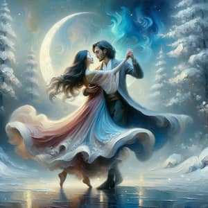 Surreal Dance of Love under Crescent Moon in Snowy Forest