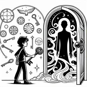 Coloring Page Illustration: Child Unlocking Mystic Door
