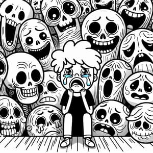 Whimsical Cartoon Illustration of Mortality Concept surrounding a Sad Child