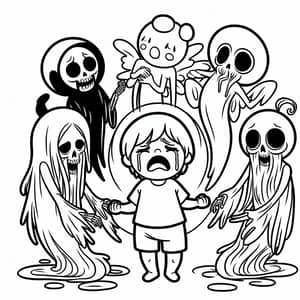 Whimsical Cartoon Drawing of Crying Child Surrounded by Demise Concept