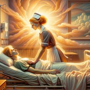 Empathetic Caucasian Female Hospital Corpsman Providing Serene Care in Dawn-lit Hospital Room