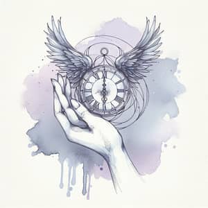 Minimalist Watercolor Design: Tranquil Hand with Winged Clock