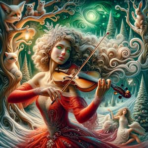 Enchanting Scene of a Woman Dancing in Snowy Forest with Violin Music
