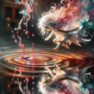 Surreal Watercolor Painting: Ethereal Doll Descending into Reflective Puddle