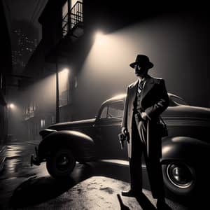 Vintage Noir Scene: Lone Armed Chauffeur by Streetlight