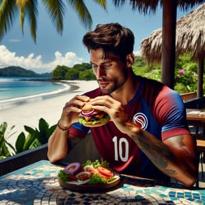 Male Soccer Player Enjoying Burger in Costa Rica - Central American Paradise Scene