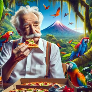 Aged Theoretical Physicist Eating Pizza in Tropical Paradise