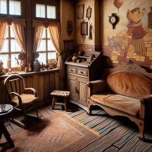 Quaint Antique Furniture in Cartoonish Old-style Room