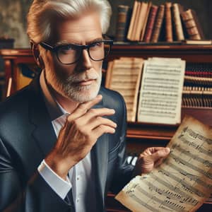 Elderly Caucasian Man Pondering Music in Vintage Setting