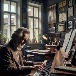 European Composer at Piano in Bratislava - Inspiring Scene