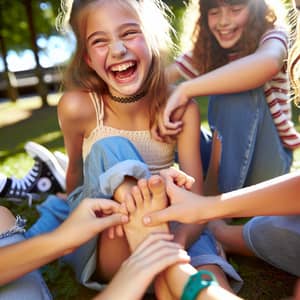 Joyful 13-Year-Old Girl Tickling Session with Friends in Sunny Park