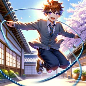Anime Boy Rope Skipping | Energetic Scene with Cherry Blossoms