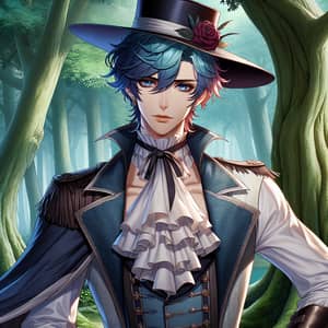 Charismatic Young Man with Flamboyant Style in Lush Forest