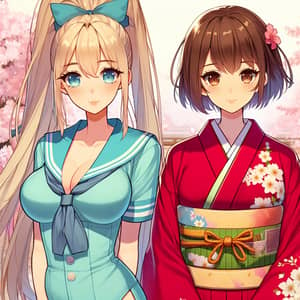 Anime Style Girls Standing Together Amid Cherry Blossom Trees