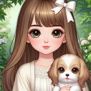 Fairytale Girl with Long Brown Hair and Puppy in Lush Greenery