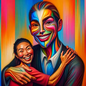 Colorful Surrealism and Pop Art Fusion: Tall Woman Embracing Small Man