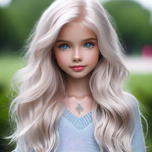 Caucasian Girl with Long White Hair and Blue Eyes