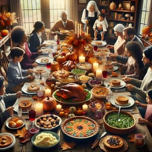 Diverse American Thanksgiving Celebration with Traditional Feast