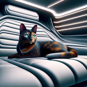 Futuristic Tortoiseshell Cat on Modern Sofa