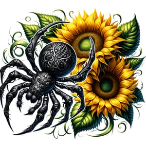 Gothic Spider Tattoo with Sunflowers Design