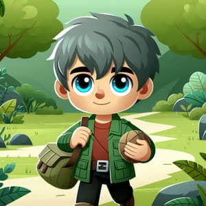 Adventurous Boy in Green Jacket Exploring Forest