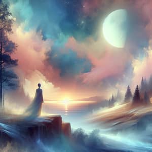 Moon Rising Illustration: Serene Landscape in Pastel Colors