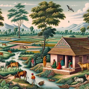 Serene Rural Scene in India | Traditional Indian Art