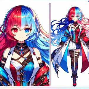 Anime Girl with Red and Blue Hair in Unique Outfit
