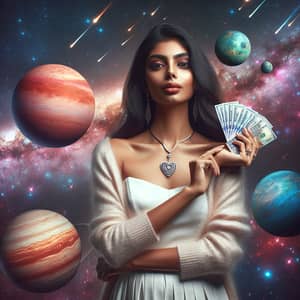 South Asian Woman Stargazing with Planets, Wealth, and Love