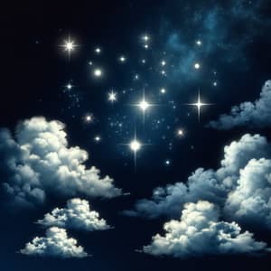 Serene Night Sky with 5 Stars and Fluffy Clouds