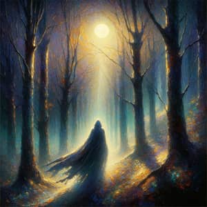 Mysterious Figure in Moonlit Forest: Impressionism Art