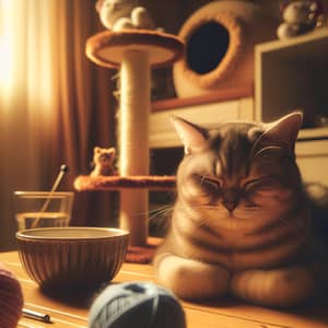 Cozy Cat in Warm Room with Water Bowl and Yarn - Comfortable Life