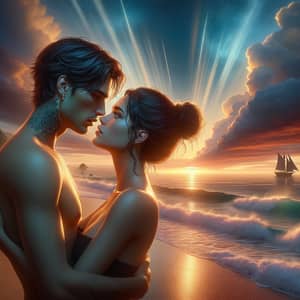 Realistic Beach Kiss Scene | Young Man and Woman Embrace