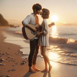 Realistic Short-Haired South Asian Male Musician Kissing Female on Beach